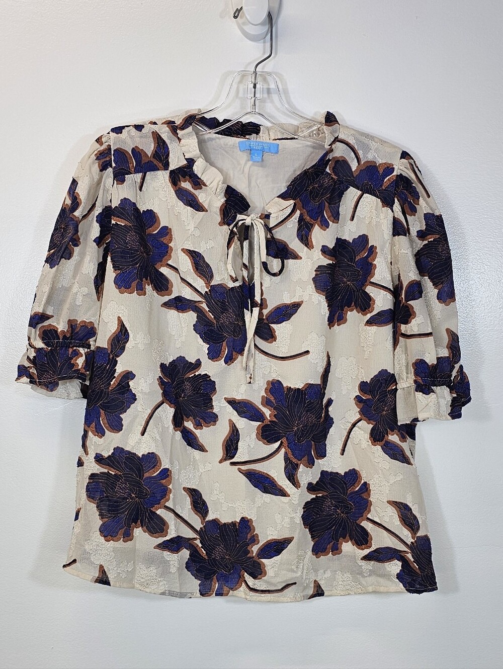 Drpaer James Women's Cream Floral Tie-Neck Blouse - Blue & Brown Flower Print